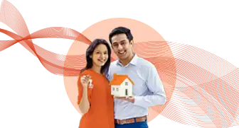 Home loans banner with apply now button and a smiling couple holding house keys and a model home.